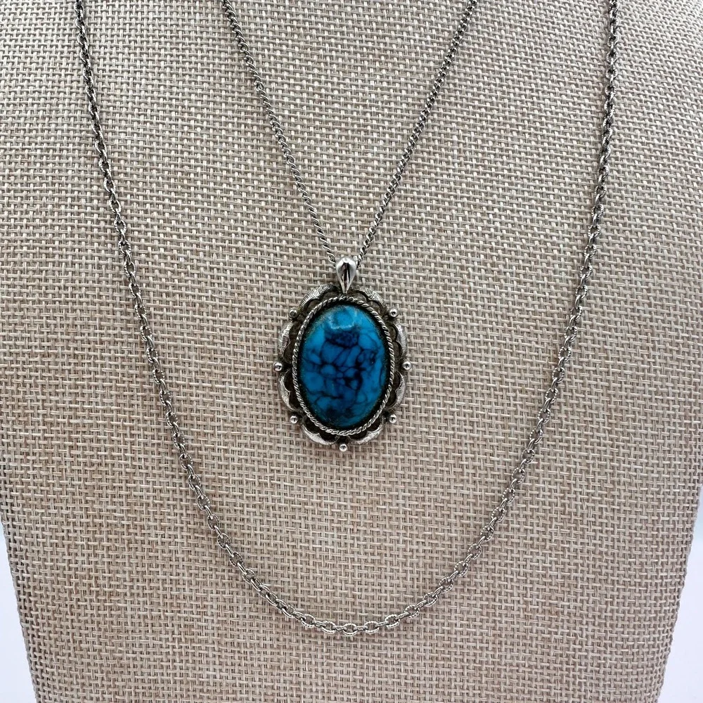 Vintage 90s Silver Tone Turquoise Matrix Filigree Pendant Necklace